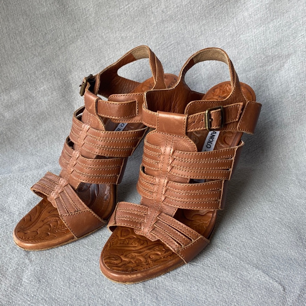 Manolo Blahnik Leather Strappy Sandals Brown 4" Heels Shoes size 36 1/2
